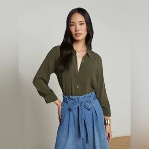 L'AGENCE Marlene Blouse Top in Army Green 100% viscose silky MOP buttons Medium
